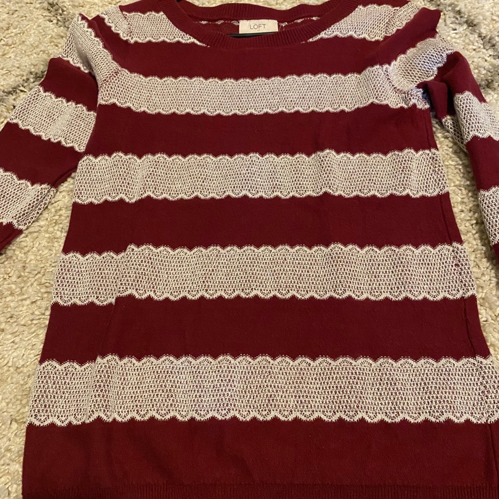 LOFT Red and Cream Striped Knit Sweater